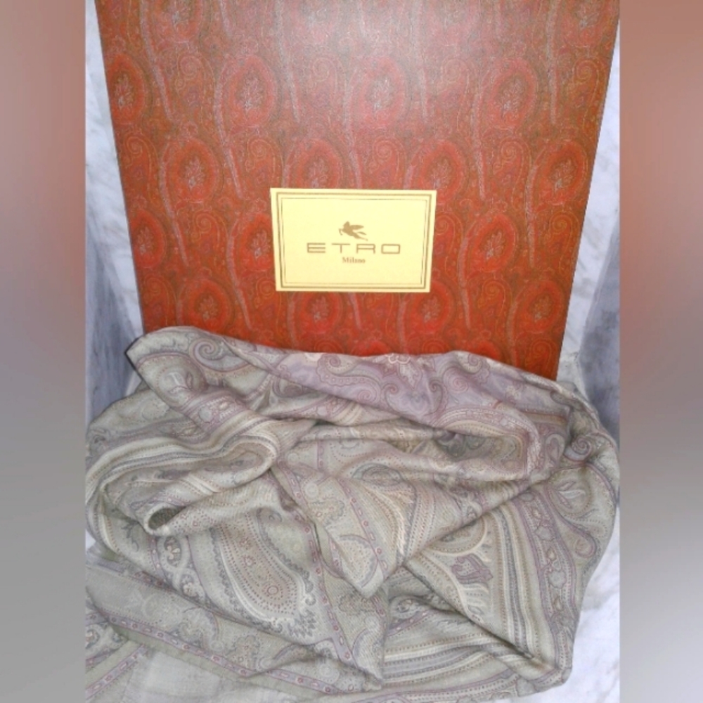 New ETRO scarf shawl wool silk Paisley Rectangle art deco Italy 26" x 66"